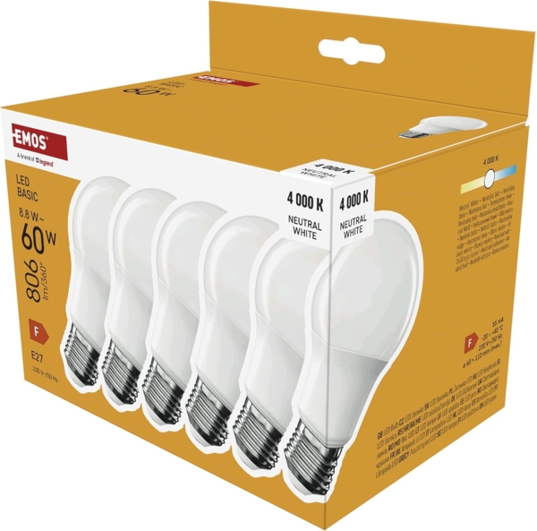 EMOS - LED-Lampe BASIC A60, 6er Pack - E27 Sockel - Neutralweiß - 806 lm - 8,8W (Ersatz für 60W Glühbirne) - Lebensdauer 20 000 Stunden - Abstrahlwinkel 200° - CRI min. 80