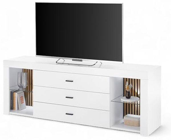 Rosalie TV-Lowboard mit LED-Beleuchtung in Weiß, Evoke Eiche Optik - TV Schrank mit viel Stauraum für Ihr Wohnzimmer - 179 x 67 x 44 cm (B/H/T)