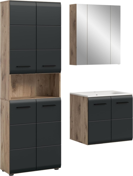 xonox. home – 3 TLG. Badezimmermöbel Kombination Ice 135 x 185 x 46 cm in Korpus Nox Oak Nachbildung und Front schwarz matt – Badkombination mit klarer Linienführung – edel & platzsparend