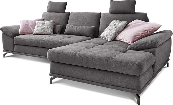 Cavadore Ecksofa Castiel mit Federkern / Großes Sofa in L-Form mit Sitztiefenverstellung, Kopfstützen und XL-Longchair / 312 x 114 x 173 / Webstoff, Grau