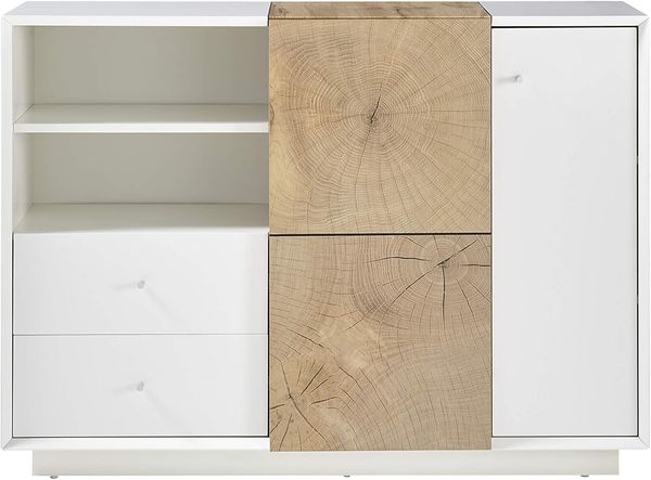 Robas Lund Wohnzimmerschrank Kommode weiß matt, Wohnzimmerschrank mit Absetzung Eiche Hirnholzoptik, BxHxT 116 x 83 x 40 cm