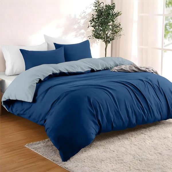 Dreamzie - Bettwäsche Set 240x220 cm mit 2 Kissenbezügen 50x70 cm Dunkelblau/Blaugrau - 1 Bettbezug 240x220 aus 100% Mikrofaser - Zertifiziert ohne Chemikalien (Oeko TEX)