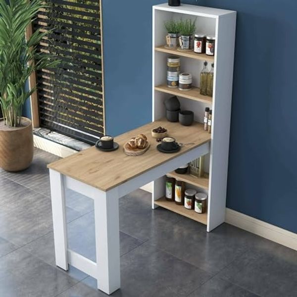 Dmora - Fester Tisch Talitha, Küchenregal, Konsole für Esszimmer, Feste rechteckige Ablage, 120 x 54 x 154 cm, Walnuss und Weiß