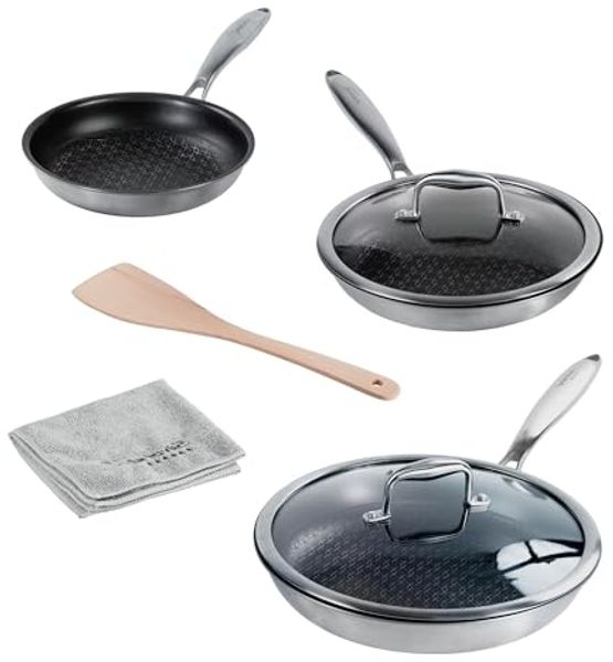 STONELINE Pfannen-Set Silverstar® 6-tlg. Edelstahl 20/24/28 cm mit Deckeln, Aluminium, Edelstahl (5-tlg), Edelstahl, für scharfes Anbraten
