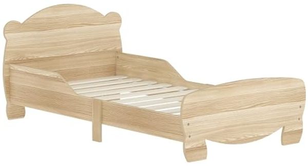 AIYAPLAY Kinderbett mit Bären-Design, Schutzgitter (Jugendbett, 1-tlg, Spielbett für 3-6Jahre Kinder), für Kinderzimmer 143,5 x 80 x 55 cm Naturholz