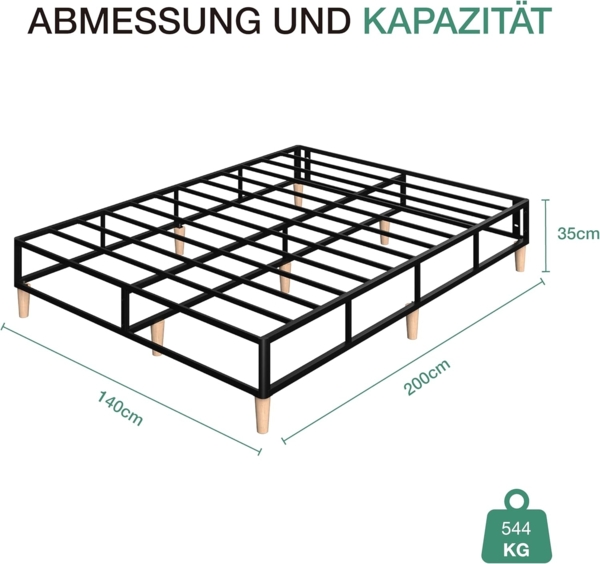 Novilla 35 cm Metallbett Metallrahmenbett Bettgestell mit Lattenrost Holzlattenunterstützung Grauer Bettgestellbezug Stauraum unter dem Bett 140x200 cm Schwarz Bild 2