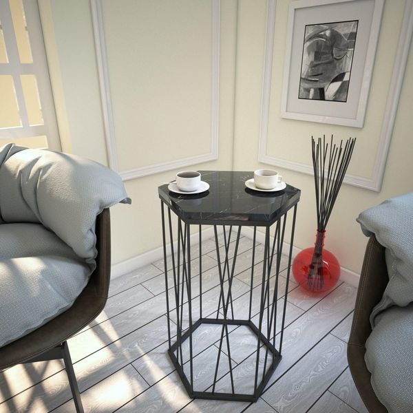 Hanah Home Industrial Side Table with Metal Legs, Marble & Black Finish, 40 x 62 x 35 cm | 100% Melamine Coated Particle Board, 18 mm Thick | Perfect for Hotel & Modern Spaces