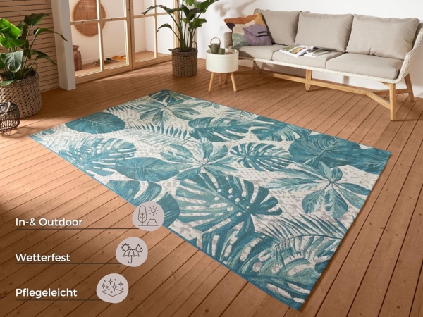 Hanse Home Tropical Leaves In- & Outdoor Teppich – Flachgewebe Aussenteppich, Jungel Palmen Blätter Design, ÖKO-TEX Wetterfest & UV-beständig für Balkon, Terrasse, Garten – Türkis, 80x165 cm Bild 3