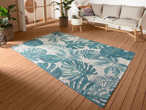 Hanse Home Tropical Leaves In- & Outdoor Teppich – Flachgewebe Aussenteppich, Jungel Palmen Blätter Design, ÖKO-TEX Wetterfest & UV-beständig für Balkon, Terrasse, Garten – Türkis, 80x165 cm Bild 1