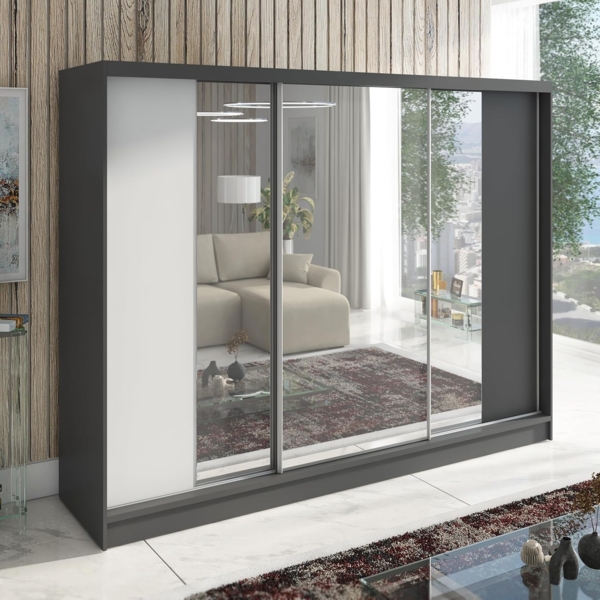 Schwebetürenschrank VENA 3-türig Schrank 200 cm (mit Spiegel) Farbe: Graphit , Weiß