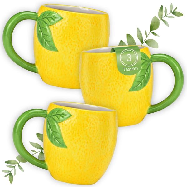 matches21 HOME & HOBBY Tasse Kaffeetassen Zitrone, 3er Set Teetasse mit Henkel, 3-tlg, Porzellan, Gelbe 3D Frucht Kaffeebecher 360 ml