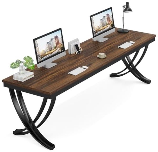 LITTLE TREE Computertisch für 2 Personen, extra lang, Chefschreibtisch, großer Bürotisch für Zwei Personen, Doppel-Schreibtisch aus Holz, Arbeitszimmer für Zuhause, Schwarz und rustikales Braun