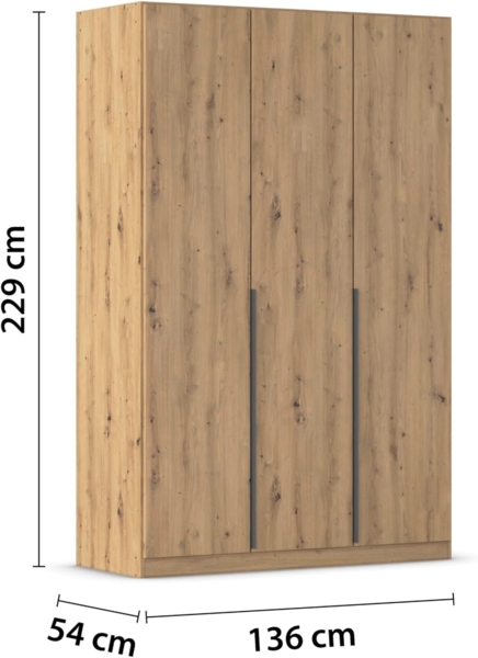 Rauch Möbel Alabama, Kleiderschrank, Garderobenschrank, 3-türig, Zubehör Classic, 2 Kleiderstangen, 7 Einlegeböden, Farbe Eiche Artisan, Holz, Griff Grau metallic, 136 x 229 x 54 cm Bild 3