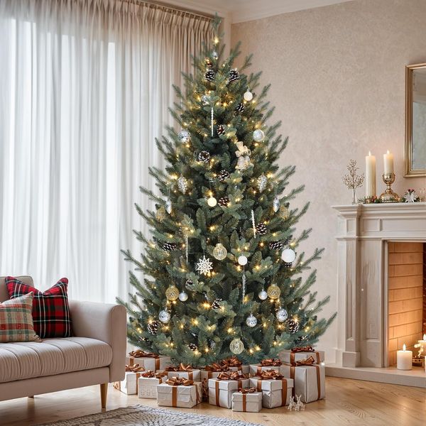 YITAHOME 180cm Weihnachtsbaum mit Fernbedienung, Vordekorierter Künstlicher Weihnachtsbaum mit Scharniertechnologie, 1176 Gemischte PE/PVC-Spitzen, 35 Tannenzapfen, 300 Lichter & 11 Lichtmodi