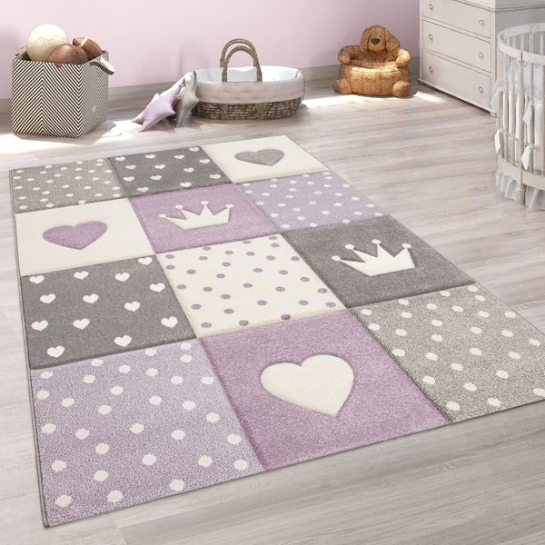 Paco Home Teppich Kinderzimmer Junge Mädchen Kinderteppich Spielteppich Kurzflor 3D Optik Pastell Punkte Herzen Krone, Grösse:160x230 cm, Farbe:Lila