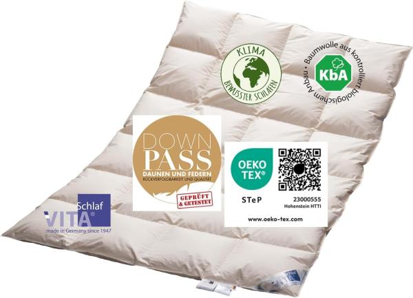 Vitaschlaf® Bio-Luxe-KBA TESTSIEGER W4 MEDIUM GANZJAHRESDECKE Organic 100% GÄNSE Daunendecke Deutsche Qualität Downpass (155 x 220 cm)