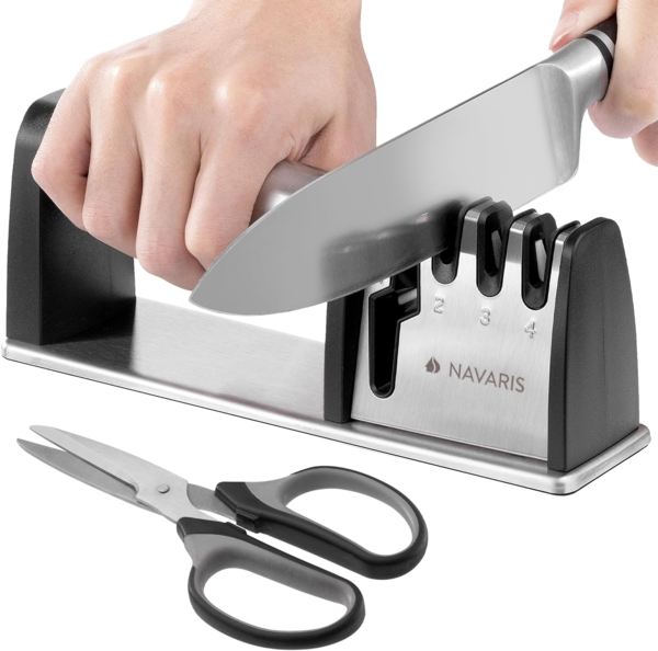 Navaris Messerschärfer Profi Messerschärfer und Scherenschleifer aus Edelstahl - 3-Stufen