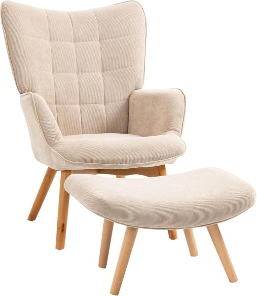 HOMCOM Relaxsessel Loungesessel mit Hocker, Armlehnstuhl mit Holzbeine, Fernsehsessel (Ohrensessel, 1-St, Relaxsessel), mit Cord-Optik