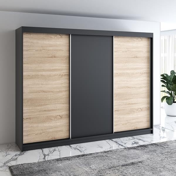 Schwebetürenschrank MERO 3-türig Schrank 200 cm Farbe: Schwarz ,sonoma