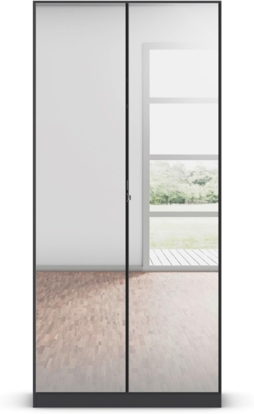 Rauch Möbel Reflect, Drehtürenschrank, Kleiderschrank, Schrank mit Spiegel, Garderobe, 2-türig, 2 Spiegeltüren, inkl. Stoffkisten und weiterem Zubehör, Farbe Grau metallic, Schwarz, 91 x 197 x 54 cm Bild 4