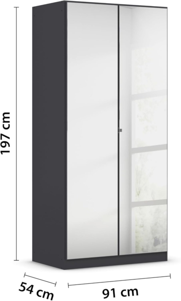 Rauch Möbel Reflect, Drehtürenschrank, Kleiderschrank, Schrank mit Spiegel, Garderobe, 2-türig, 2 Spiegeltüren, inkl. Stoffkisten und weiterem Zubehör, Farbe Grau metallic, Schwarz, 91 x 197 x 54 cm Bild 3