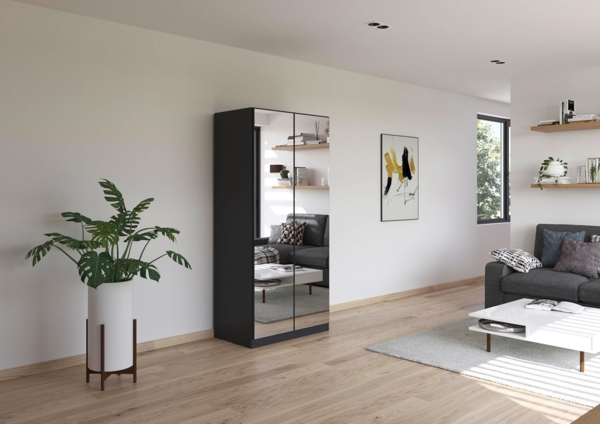 Rauch Möbel Reflect, Drehtürenschrank, Kleiderschrank, Schrank mit Spiegel, Garderobe, 2-türig, 2 Spiegeltüren, inkl. Stoffkisten und weiterem Zubehör, Farbe Grau metallic, Schwarz, 91 x 197 x 54 cm Bild 2