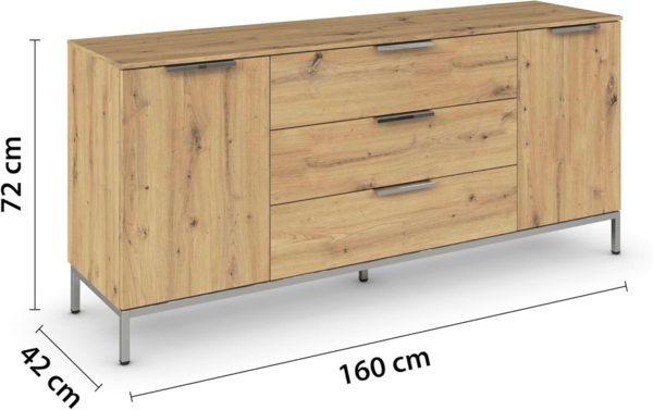 Rauch Möbel Flipp, Sideboard, TV-Schrank, Kommode mit Stauraum, mit Metallkufe Chrom, Eiche Artisan, Holz, 2-türig, 3 Schubladen, Griffe Chrom, 160 x 72 x 42 cm Bild 4