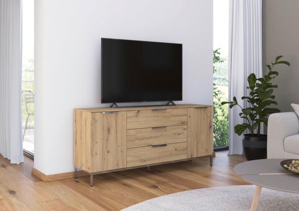 Rauch Möbel Flipp, Sideboard, TV-Schrank, Kommode mit Stauraum, mit Metallkufe Chrom, Eiche Artisan, Holz, 2-türig, 3 Schubladen, Griffe Chrom, 160 x 72 x 42 cm Bild 2
