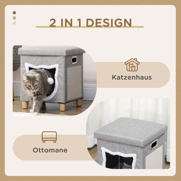 PawHut Tierhaus Katzenhaus mit Kissen, Katzenbett mit Kratzmatte, Polyester, Grau, 35.5B x 35.5B x 42.5H cm Bild 3