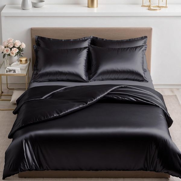 Cozyor Bettwäsche Satin glänzend 135x200, 155x200, 155x220, 200x200cm mit Reißverschluss, Satin, schwarz Eclipse, 2 teilig, glänzend Satin, Bettbezug + Kissenbezug 80x80, besonders weich