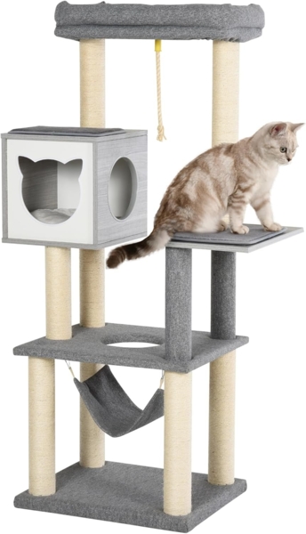 PawHut Kratzbaum Katzenbaum mit Hängematte Kletterbaum Katzenkratzbaum Sisal Grau&Weiß, 59L x 48B x 155H cm