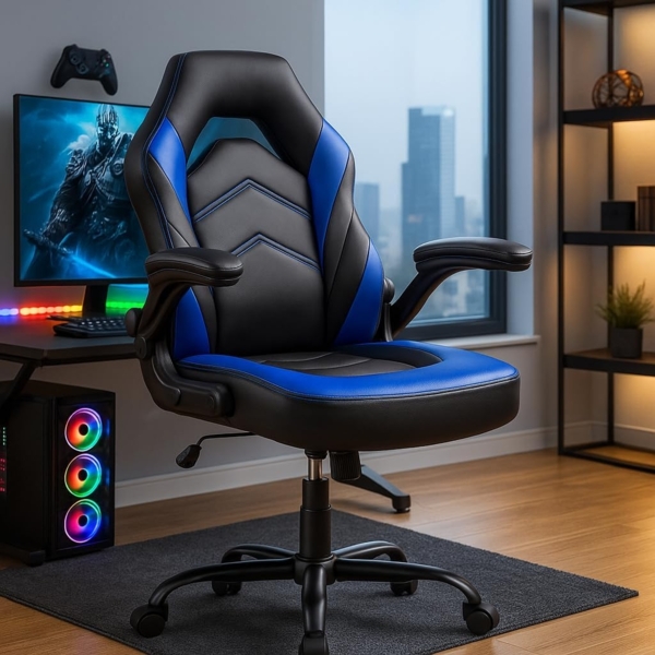 DUMOS Gaming Stuhl - Ergonomischer Gaming Sessel, Verstellbarer Drehbarer Gamingstuhl aus PU-Leder mit klappbaren Armlehnen, Geeignet für Zuhause, Büros usw(Schwarz-Blau) Bild 1