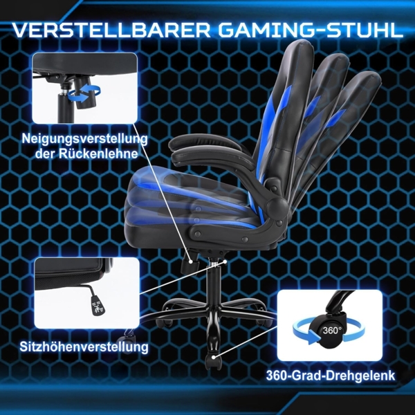 DUMOS Gaming Stuhl - Ergonomischer Gaming Sessel, Verstellbarer Drehbarer Gamingstuhl aus PU-Leder mit klappbaren Armlehnen, Geeignet für Zuhause, Büros usw(Schwarz-Blau) Bild 4