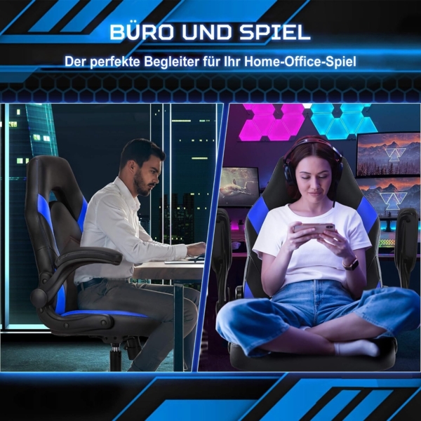 DUMOS Gaming Stuhl - Ergonomischer Gaming Sessel, Verstellbarer Drehbarer Gamingstuhl aus PU-Leder mit klappbaren Armlehnen, Geeignet für Zuhause, Büros usw(Schwarz-Blau) Bild 5