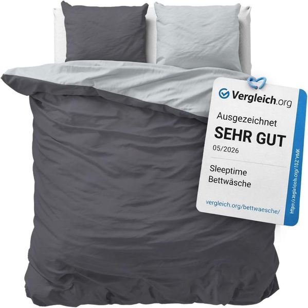 Sleeptime 100% Baumwolle Bettwäsche 200x200 cm Grau/Anthrazit - weich & bügelfrei Bettbezüge mit Reißverschluss - zweifarbiges Bettwäsche Set mit 2 Kissenbezüge 80x80 cm