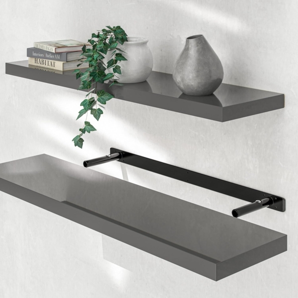 Casaria Wandregal mit Halterung, MDF, Grau / Hochglanz, 90 x 23 x 3,8cm