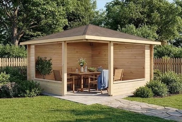 Alpholz 5-Eck Gartenlaube Maik 40 Gartenlaube aus Holz Blockhaus mit 40 mm Wandstärke Holzhaus mit Montagematerial