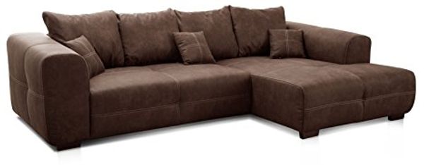 Cavadore Ecksofa Mavericco / XXL Eckcouch Inkl. Rückenkissen und Zierkissen / Longchair rechts / Industrial Style / 285 x 69 x 170 (BxHxT) / Mikrofaser Braun