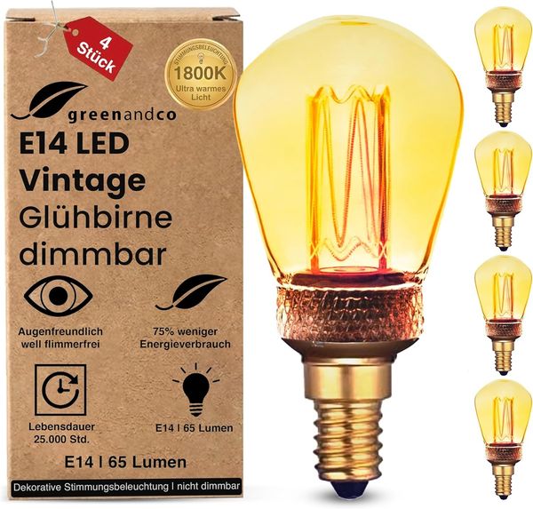greenandco 4x dimmbare Vintage Design LED Birne zur Stimmungsbeleuchtung | E14 ST45 | gold | 2,3W 65lm | 1800K extra warmweiß | 320° | 230V | flimmerfrei | Edison Glühbirne
