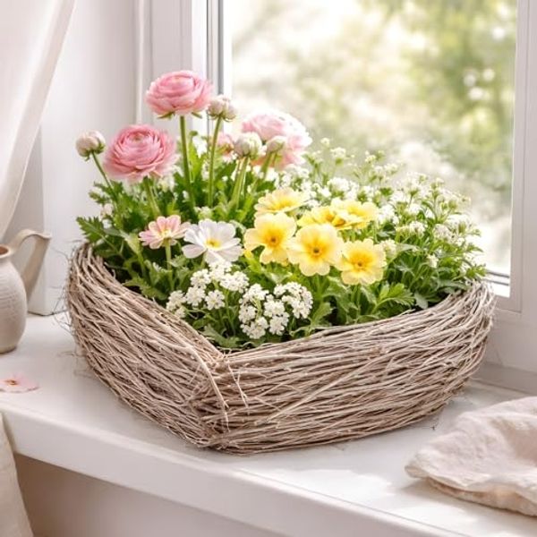 Dekoleidenschaft Pflanzschale "Herz" Weide & Reisig grau, Pflanzkorb Ø 35 cm, Blumenkorb, Pflanztopf, rustikales Pflanzgefäß in Herzform, Balkon & Gartendeko