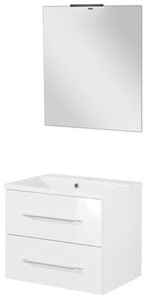 FACKELMANN B.CLEVER Waschtisch Set mit Spiegel 60 cm breit, Weiß, Waschbecken Gussmarmor Weiß + LED Aufsatzleuchte