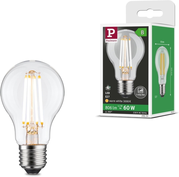 Paulmann LED-Leuchtmittel Eco-Line Filament 230V LED Birne E27 806lm 4,3W 3000K dimmbar Klar, E27, 1 St, Warmweiß