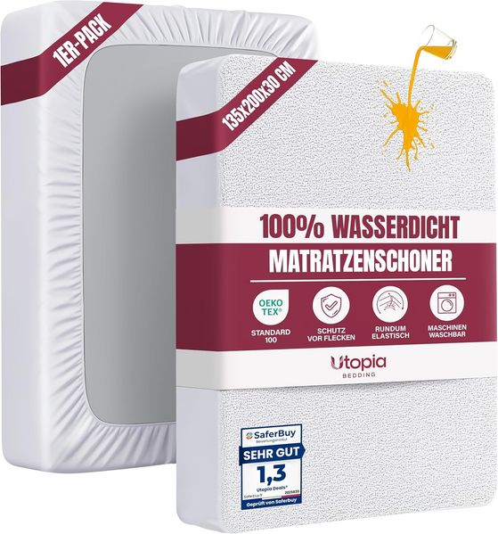 Utopia Bedding Matratzenschoner 135 x 200 x 30 cm Wasserdicht, Oeko-TEX Zertifiziert Matratzenauflage Atmungsaktive, Matratzenschutz, Rundum Elastisch Weiß