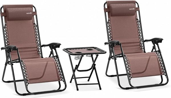 SereneLife 2er Set Gartenliege, Sonnenliege, Liegestuhl Klappbar mit Stufenlos verstellbare Positionen, Kopfstütze,Beistelltisch mit Getränkehalter, Strandliege Wetterfest Ideal fürs Relaxen, Chillen