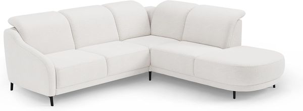 CAVADORE Ecksofa Blue/Eckcouch im modernen Design, inklusiv Kopfteilverstellung, Vorziehsitz motorisch und mattschwarzen Metallfüßen / 258 x 93 x 249 / Flachgewebe, Weiß
