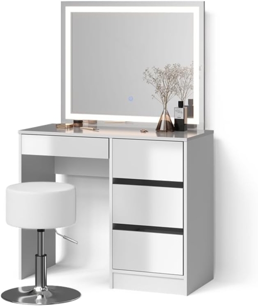Livinity® Schminktisch Imola, Weiß/Weiß, mit LED-Spiegel und Hocker