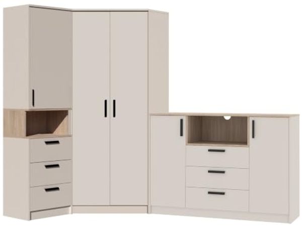 Marmex Möbel Grant Set-38C Schlafzimmermöbel-Set geräumiger Eckkleiderschrank mit Standregal und Kommode für das Schlafzimmer, Jugendzimmer, laminierte Spanplatte, graubeige cashmere+cremona torro 143/228x195x40 cm
