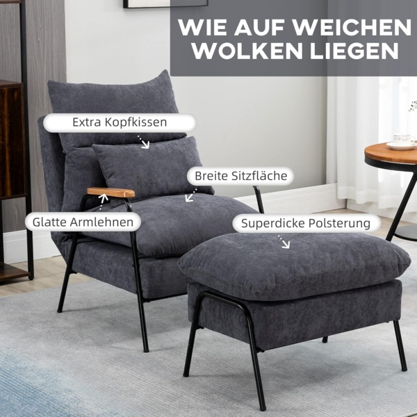 HOMCOM Relaxsessel Sessel, Polsterstuhl, inkl. Kissen, 68 cm x 91.5 cm x 88 cm, Grau (Relaxsessel, 2-St, Ohrensessel), für Schlafzimmer, Wohnzimmer Bild 6