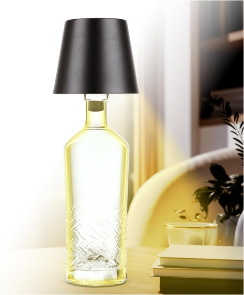 AddLiving LED Flaschenlampe | Akku-Lampe mit Touch-Funktion | Nachttischlampe dimmbar | Lampenschirm | 3 Lichtfarben | 56 LEDs | Wetterfest IP44 | Bottle Light | Inkl. 3 Flaschenaufsätze (Schwarz)