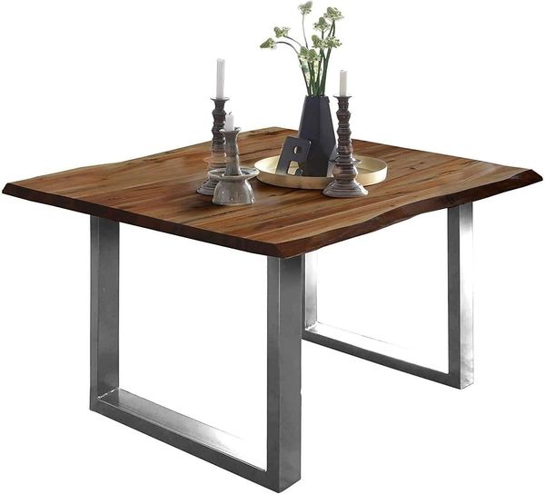 SAM Baumkantentisch 90x90 cm Mephisto, Akazienholz massiv + nussbaumfarben lackiert, Esstisch mit Edelstahl U-Gestell, Esszimmertisch/Holztisch, Tischplatte 26 mm, FSC® 100% Zertifiziert